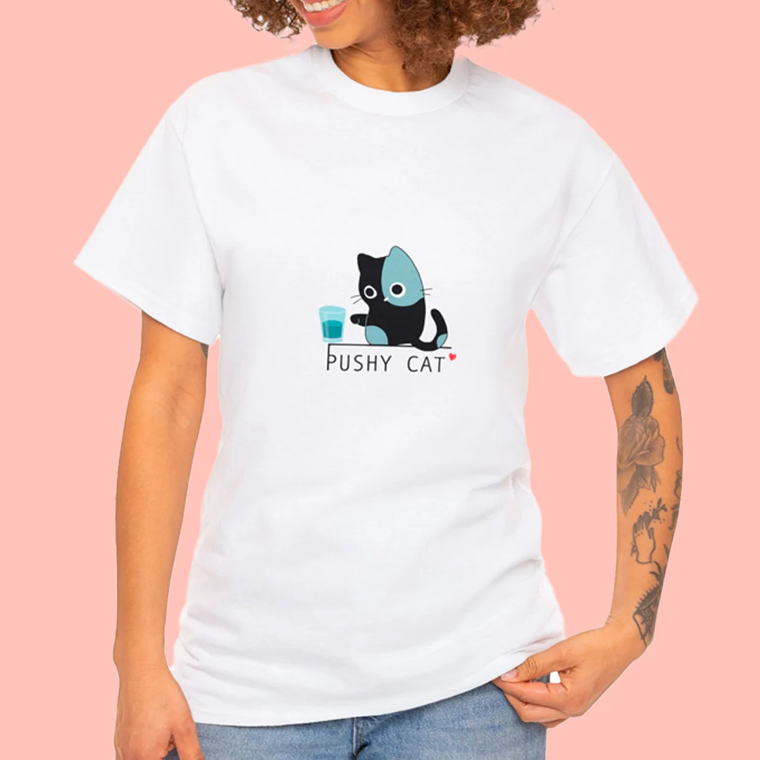 Pushy Cat Cotton T-Shirt - Image 11